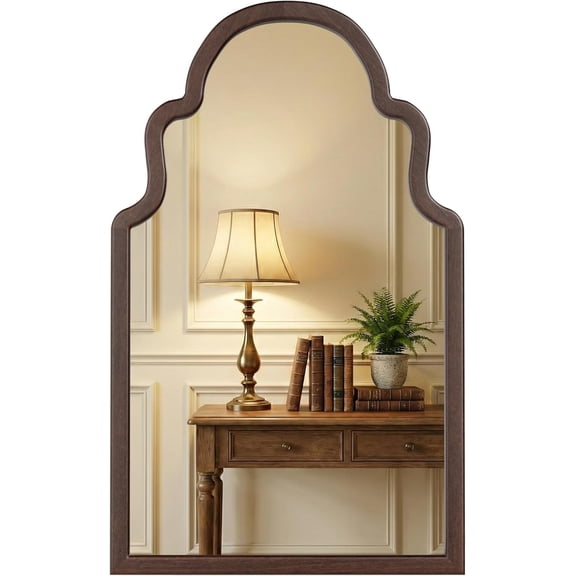 40"x24" Walnut Arched Mirror, Solid Wood Frame for Vanity, Mid Century Modern Decor for Living Room & Bedroom, Rustic Dark Brown Wooden Mirror for Wall, Boho Style