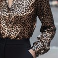 thumbnail image 2 of MORTTIC Women's Satin Finish Lapel Long Sleeve Shirt, Elegant Tucked Design Blouse for Office Wear Leopard，XXL, 2 of 10