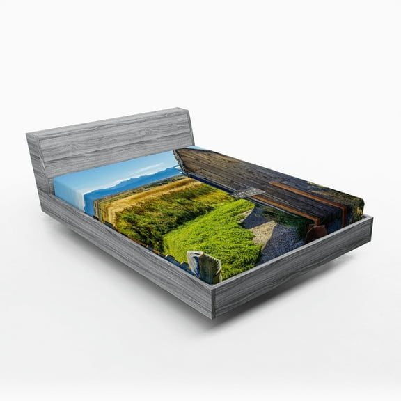 Ambesonne Outhouse Fitted Sheet, Farm Village Rustic, Full Size, Dark Grey Sky Blue