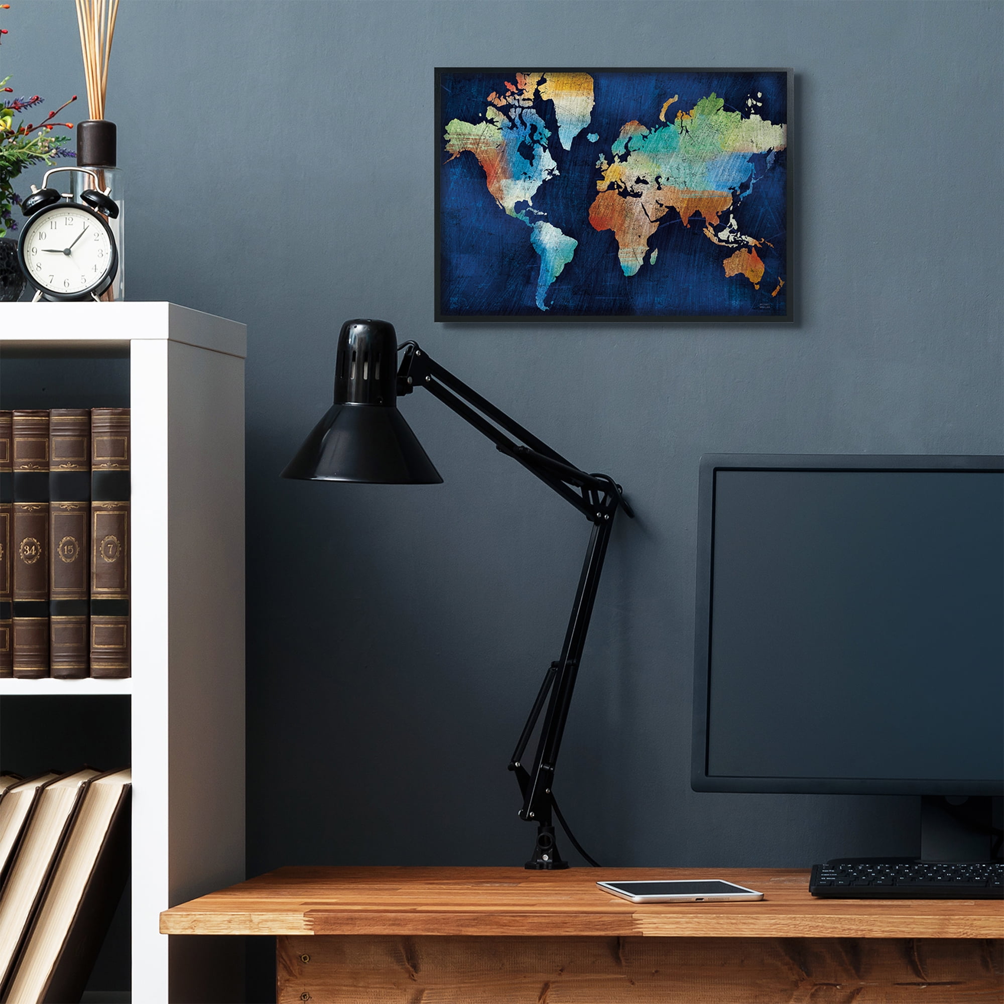 Stupell Industries World Map Modern Rainbow Textured Design Framed Wall Art by Michael Mullen, 16" x 20", Black Framed