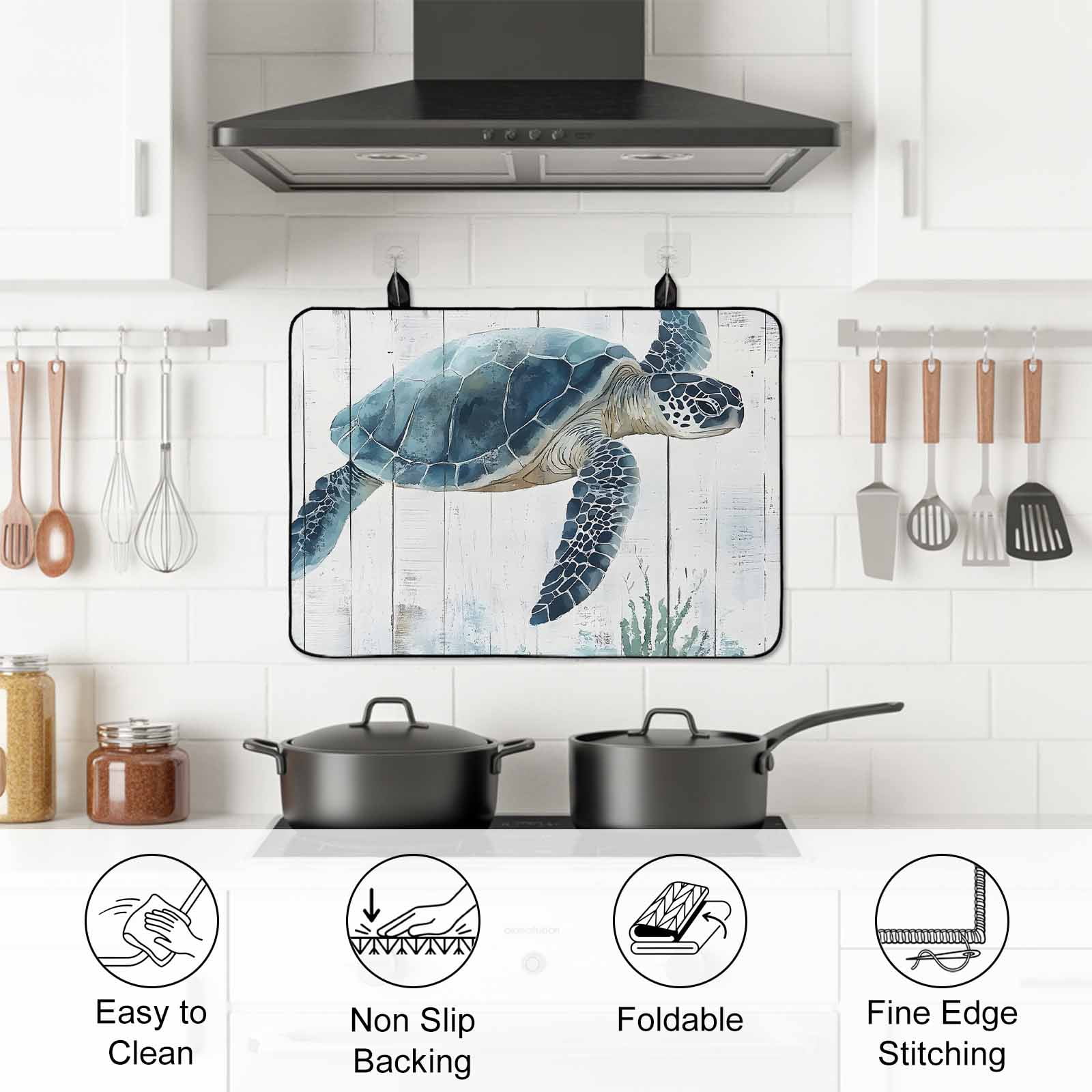 Sea Turtle Teal Blue Stove Top Cover for Electric Stove, Heat-proof & Non Slip Glass Top Stove Cover Protector, Summer Coastal Ocean Wood Grain Kitchen Flat Cooktop Rubber Mat 24x21 Inches