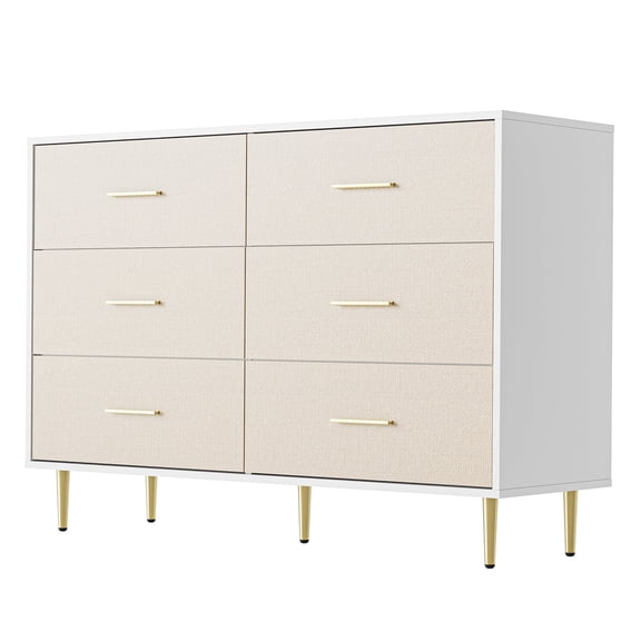 Modern White 6-Drawer Dresser with Gold Metal Legs & Handles, Large Freestanding Wooden Storage Chest of Drawers for Bedroom Living Room Entryway