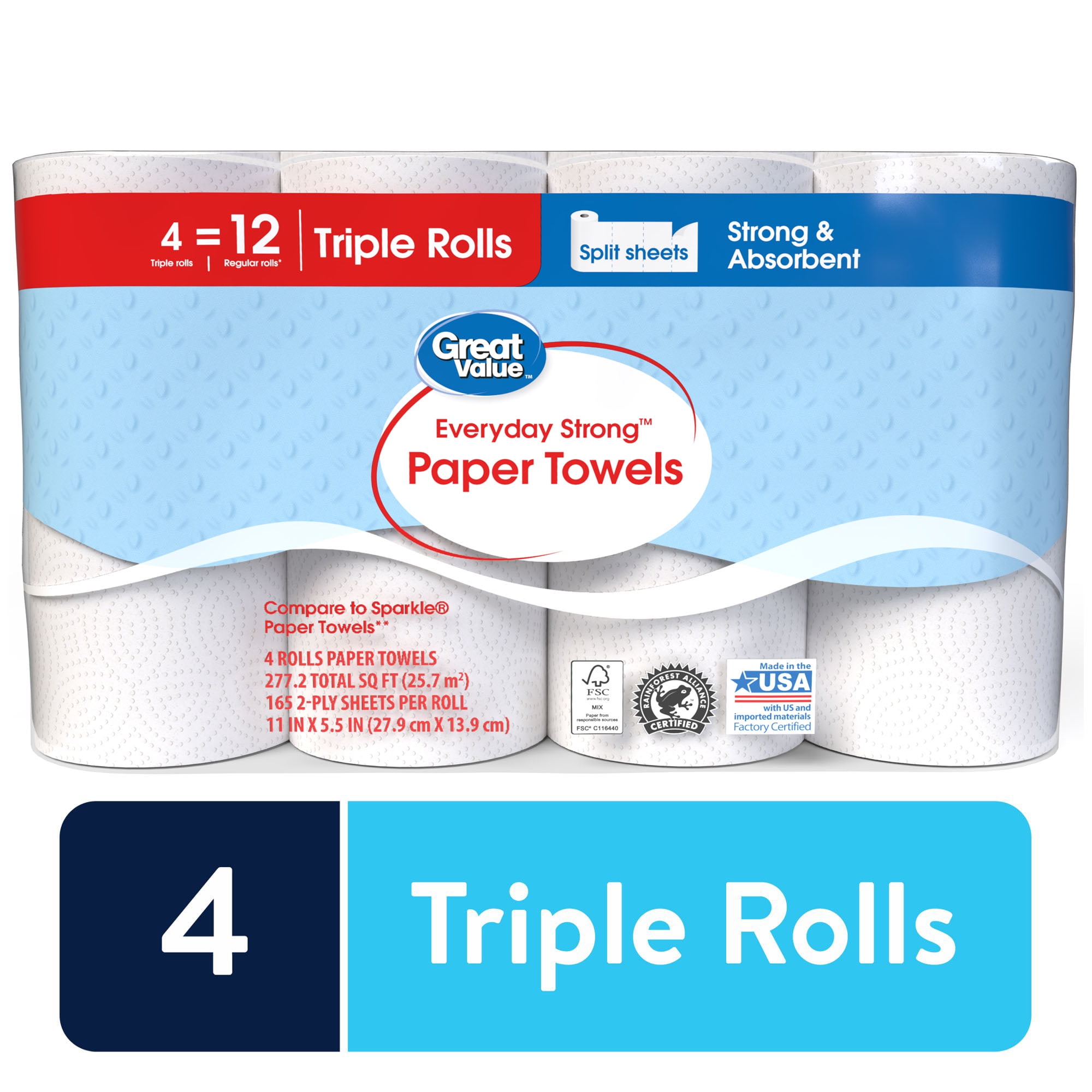 Great Value Everyday Strong Paper Towels, Split Sheets, 4 Triple Rolls