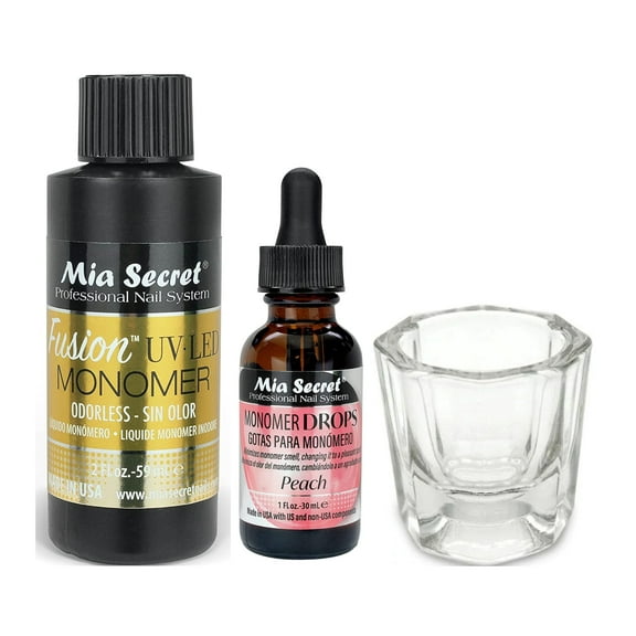 Mia Secret Fusion UV-LED Monomer 4 oz,Monomer Drop PEACH SCENT 1oz & DAPPEN DISH
