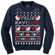 Crew Neck Sweatshirt Feliz Navi Dogs  Funny Holiday Christmas Ugly Sweater Animal Lover (Navy) - L