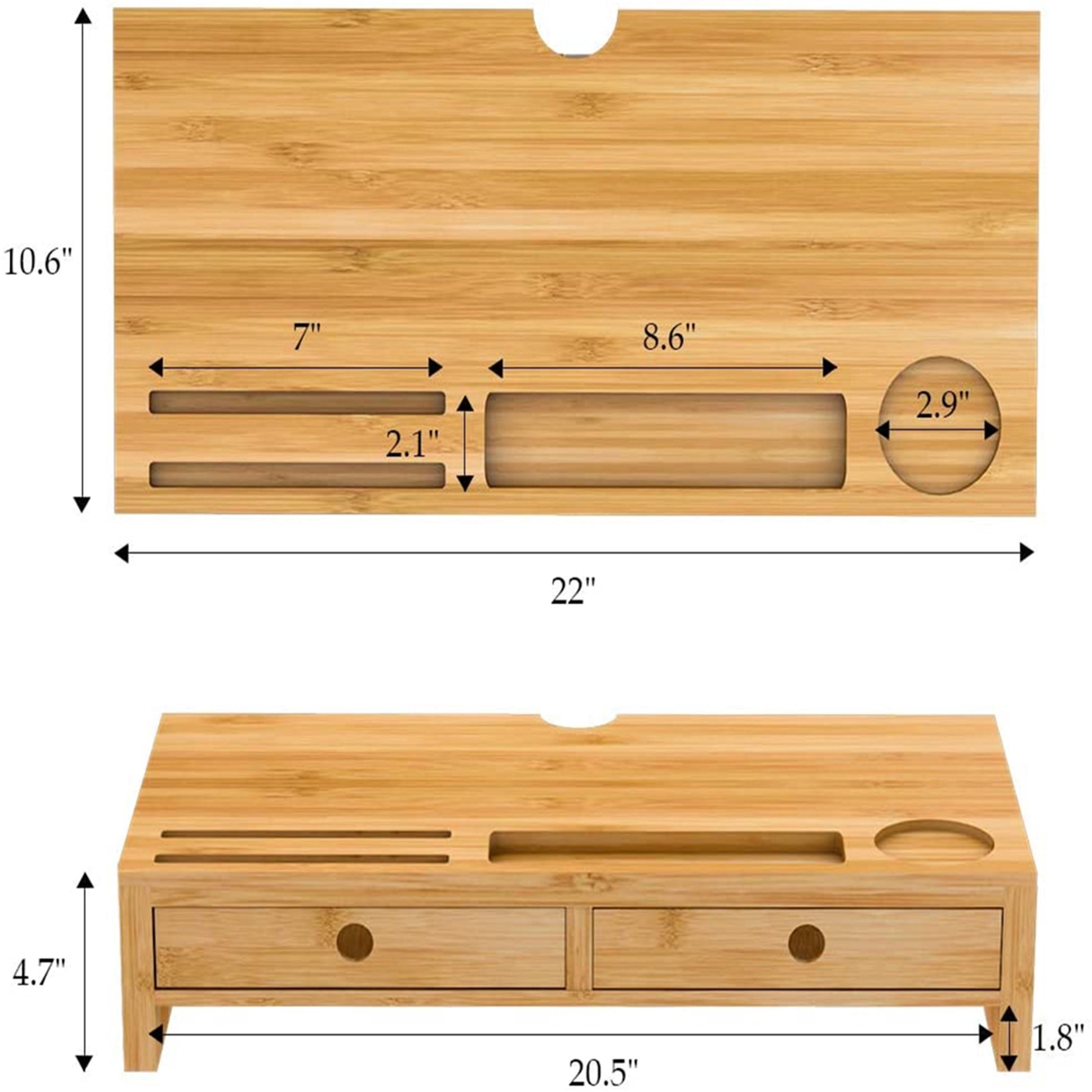 Bambloom Bamboo Monitor Stand Riser with Drawer,Phone Holder & Cups Slot,fit Computer, Laptop, TV,22x10.6x4.7 inch