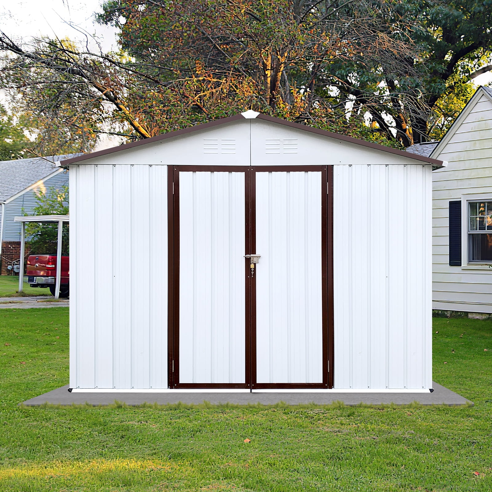 Outdoor Storage Shed 8x10 FT Metal Tool Shed Waterproof with Lockable Doors Vents for Backyard Garden Patio Lawn, White