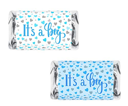 60 Its a Boy Blue Baby Shower Miniatures Candy Bar Wrapper, Baby Shower Miniatures Candy Bar Stickers Decorations, Candy Not Included