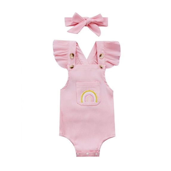 2 Pcs Newborn Ribbed Outfits, Baby Girls Rainbow Pattern Square Collar Fly Sleeve Bodysuit + Headband