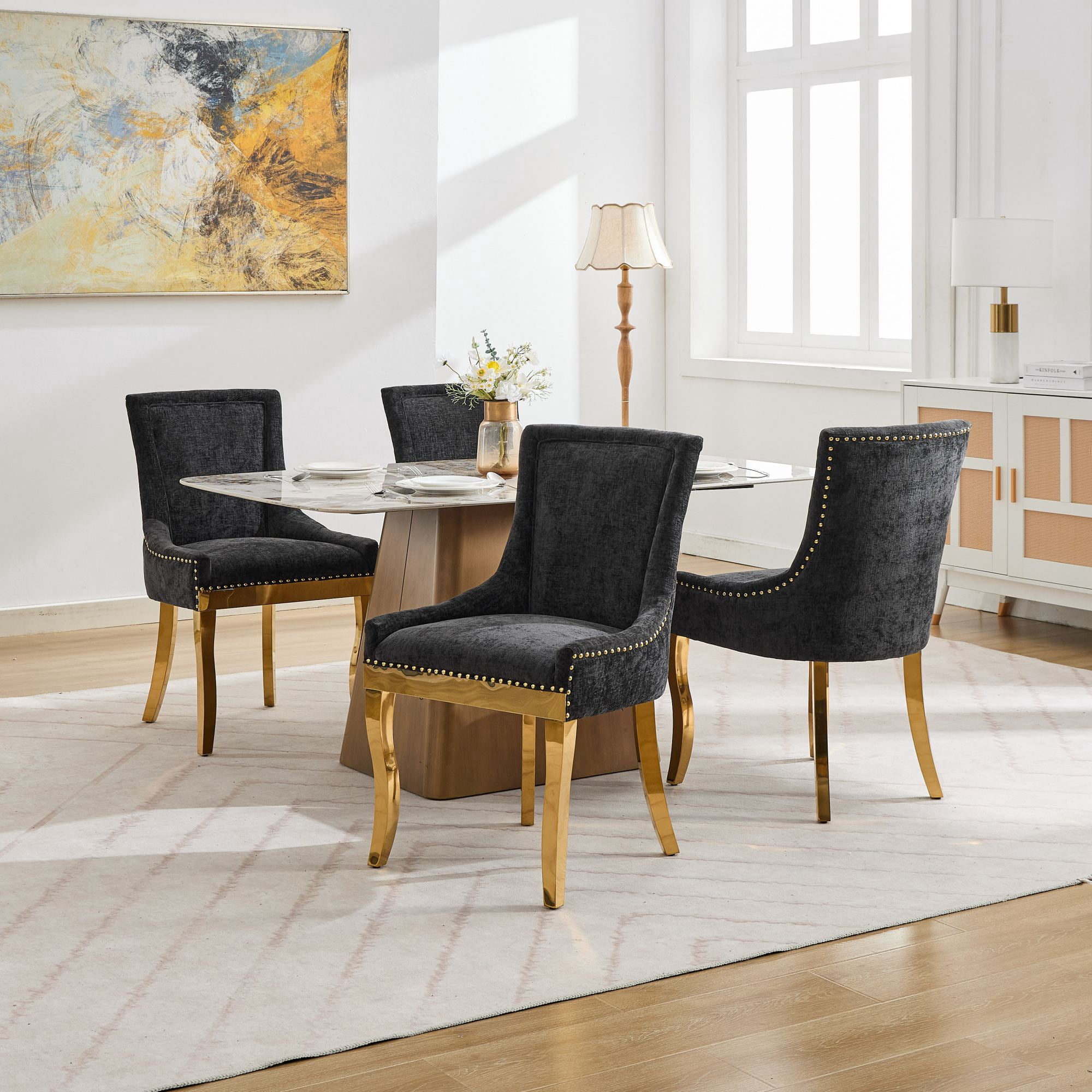 BSHTI Chenille Dining Chairs Set of 2, Black Fabric Upholstered Chairs with Curved Gold-Plated Legs & Rivet Trim – Stylish Dining or Lounge Accent Chairs, One-Piece Sturdy Frame