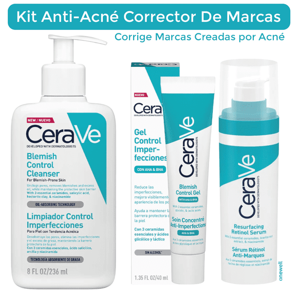 CeraVe Kit Antiacné Completo: Limpiador + Gel Control Imperfecciones + Sérum Retinol | Reduce Manchas y Poros | Ácido Salicílico, Niacinamida y Ceramidas | Rutina Skincare Piel Grasa