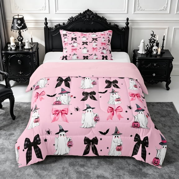 Erosebridal Witch Ghost Twin Comforter Sets 2pcs,Cute Halloween Bedding Set,Hot Pink,Reversible,1 Comforter and 1 Pillowcase