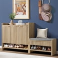 thumbnail image 3 of OAKHAM Fluted Shoe Storage Bench with Cushion and 2 Drawers 2 Tier Shoe Rack Bench for Entryway Hallway Front Door, Sunwashed Ash Oak, 3 of 9