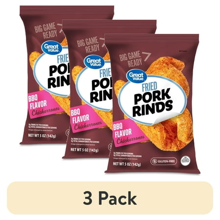 (3 pack) Great Value Original Fried Pork Rinds, BBQ Flavor Chicharrones, 5 oz