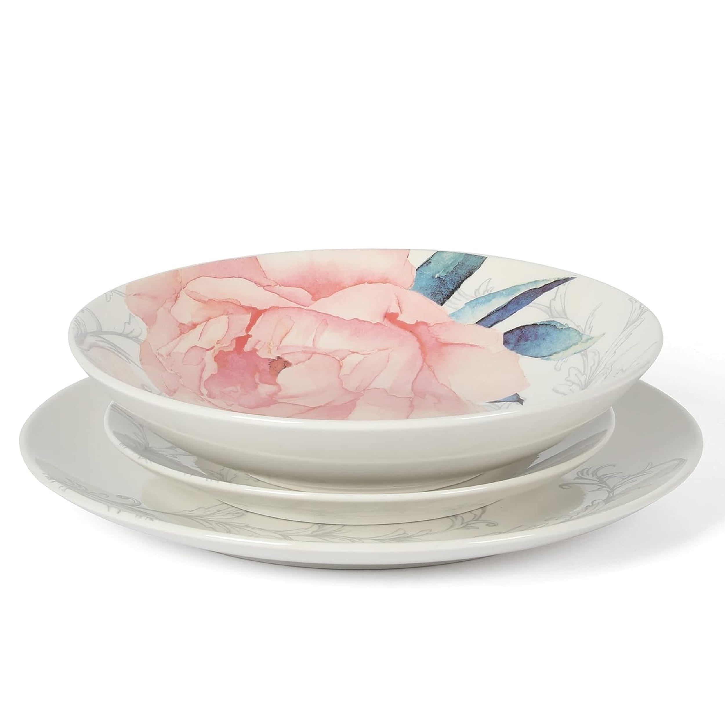 Martha Stewart Everyday Peony 12 Piece Round Fine Ceramic Dinnerware Set in White and Pink