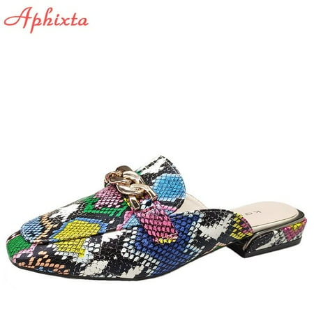 

Aphixta New Snake Prints Chain Mules Women Slides Square Toe Shoes Classic Fashion Footwear Plus Large Size 42 43 Slippers