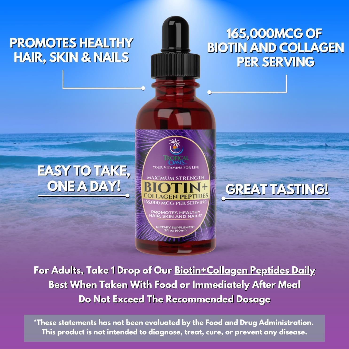 Tropical Oasis Maximum Strength Biotin plus Collagen Peptide Drops, Vitamin Supplement for Hair, Skin, Nails, Tropical Sour Raspberry, 2 fl oz, 60 Servings