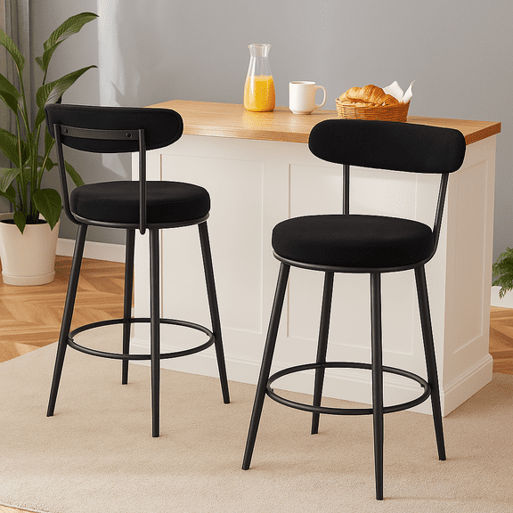 Homy Casa 2PCS Bar Stool Set for Kitchen Counter, Modern Upholstered Breakfast Bar Chairs, Black