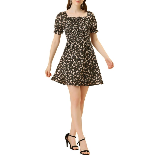 Vestido Floral con Mangas Abullonadas, Espalda Fruncida y Escote Corazón para Mujer XL Café