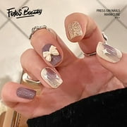 Fofosbeauty 24pcs Square Fake Press-on Nails for Girls Womens, Square Purple Graffiti Wind Cream Bow