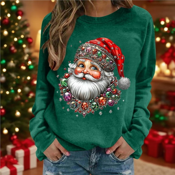 Sakmal Green No Hoodie Womens Sweatshirts Holiday Christmas Trendy Sweatshirts Casual Santa Claus Long Sleeve Shirts