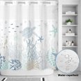 thumbnail image 4 of No Hook Shower Curtain with Built-in Rings - Green Coastal Ocean Washable Waterproof Fabric Bathroom Curtains for Hotel,Rentals, 66 X 72 Inch Long , Coral Sea Lifes White Blue, 4 of 9