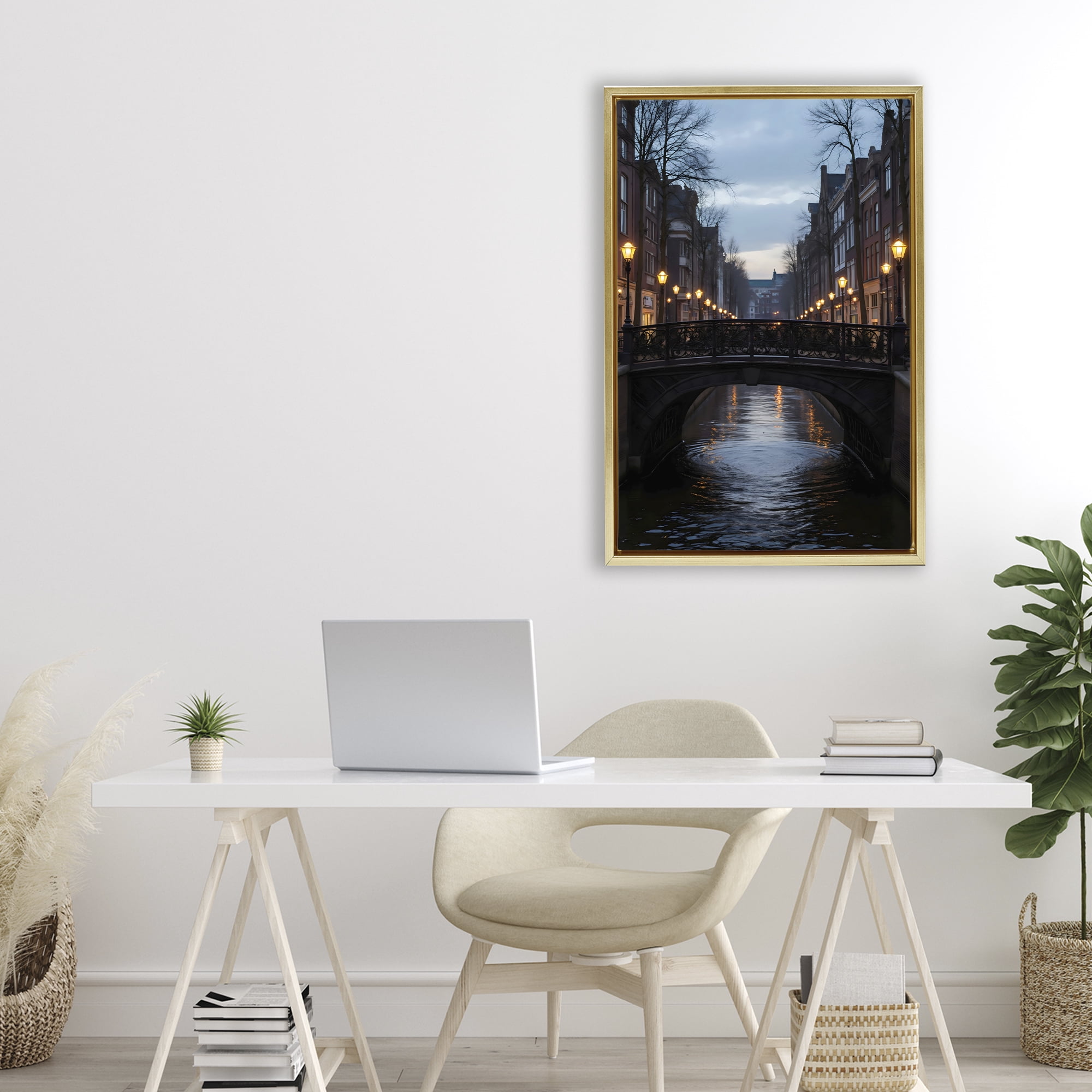 Stupell Industries Lantern Light over Quiet Canal Gold Framed Floater Canvas Wall Art, design by Creative Studio