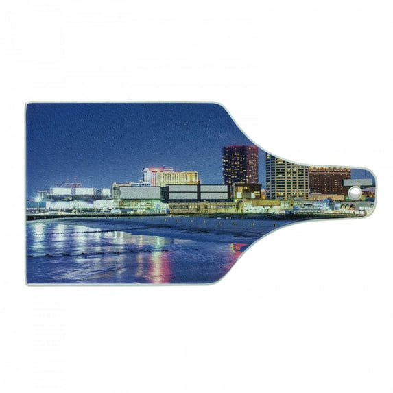 City Cutting Board, Resort Casinos on Shore at Night Atlantic City New Jersey United States, Tempered Glass Cutting and Serving Board, Wine Bottle Shape, Violet Blue Pink Yellow, by Ambesonne