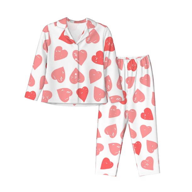 Balery Pink Hearts1 Conjunto de Pijama con Estampado para Mujer, Conjunto de Dos Piezas con Manga Larga, Ropa de Dormir Suave con Bolsillos, Pijamas Cómodos-Small