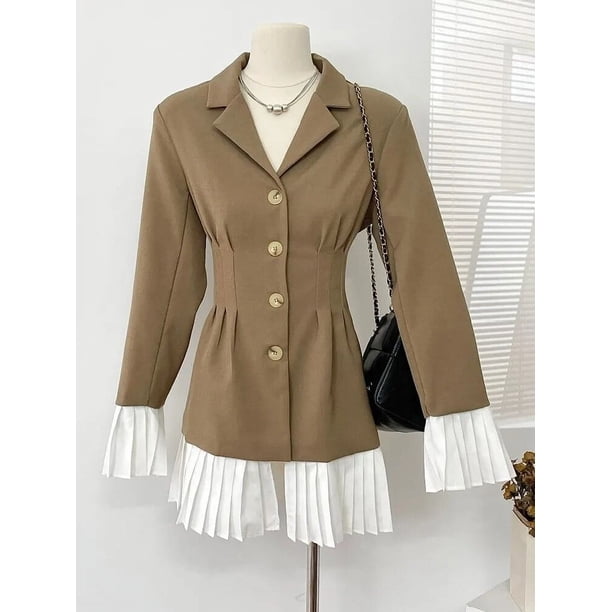 Vestido de traje de retazos elegante para mujer, cuello vuelto, botonadura única, manga acampanada, plisado, ropa elegante coreana, otoño, primavera, nuevo
