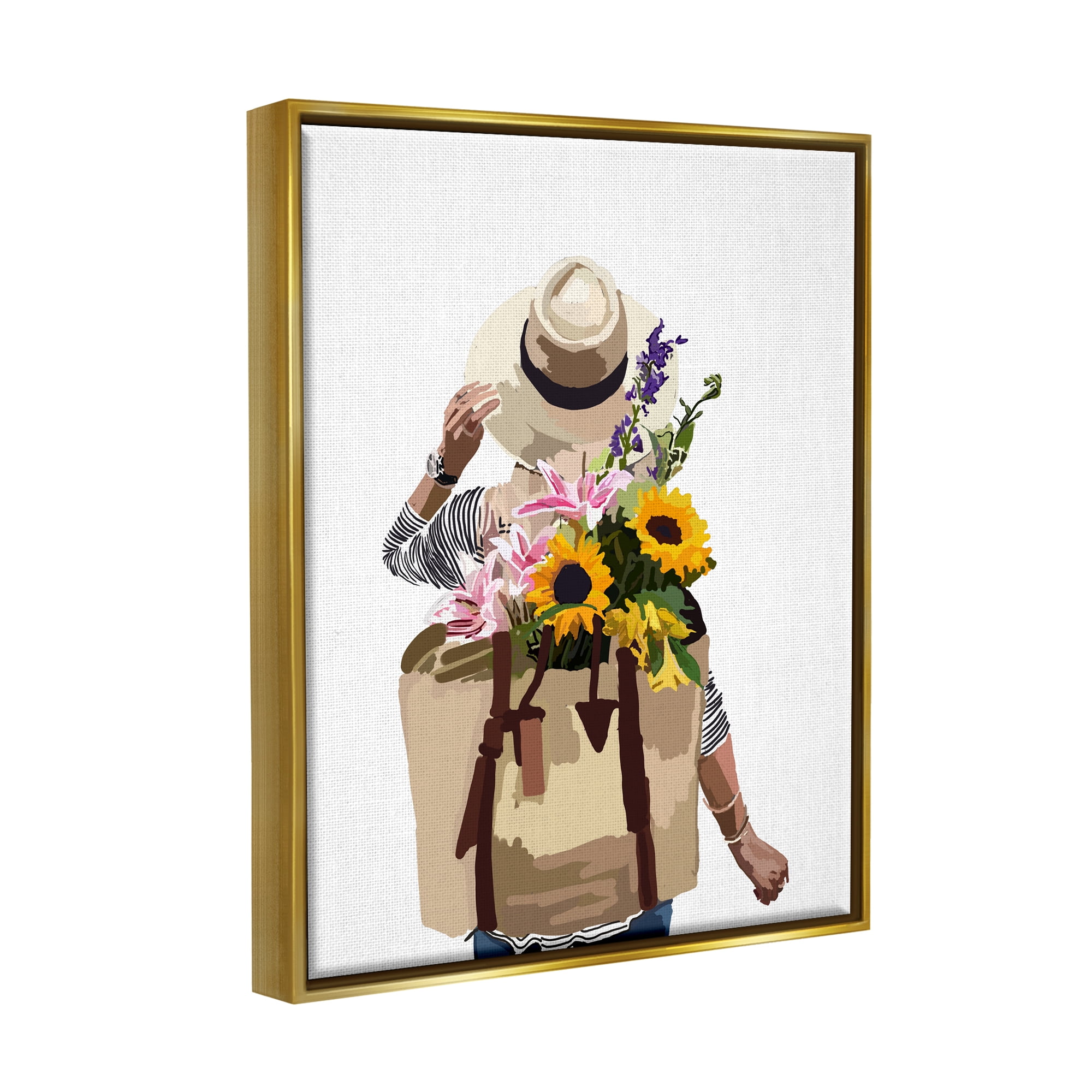 Stupell Industries Woman Carrying Floral Backpack Varied Sunflower Blossoms Graphic Art Metallic Gold Floating Framed Canvas Print Wall Art, Design by Amelia Noyes