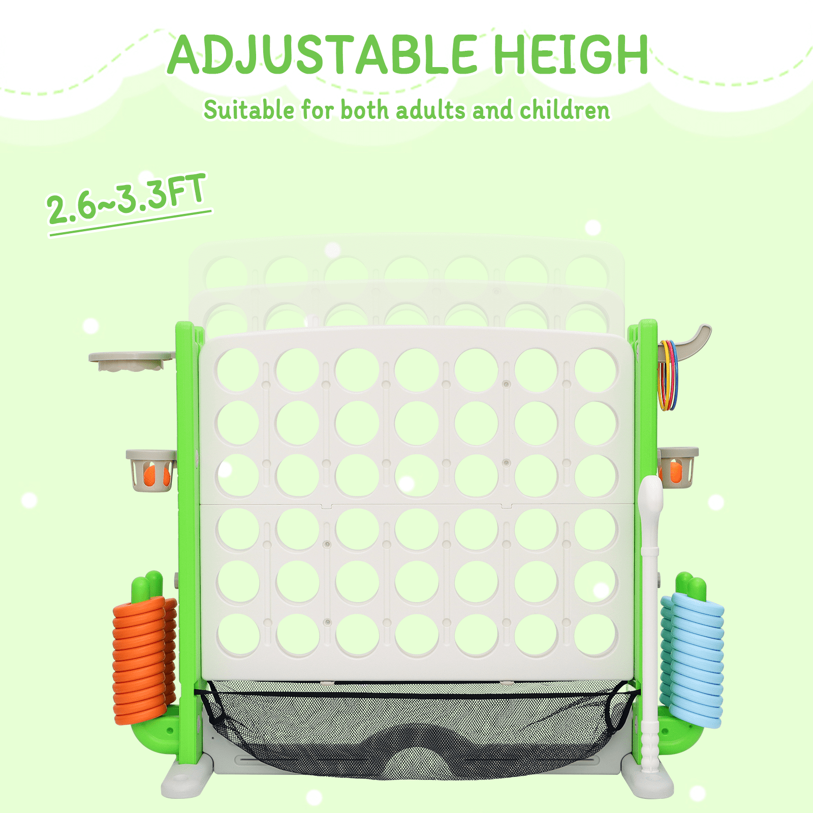 Jumbo 4-to-Score Connect Game Set: Height-Adjustable Yard Game with Golf, Basketball Hoop, Ring Toss & Mesh Bag for Kids & Adults, White Green