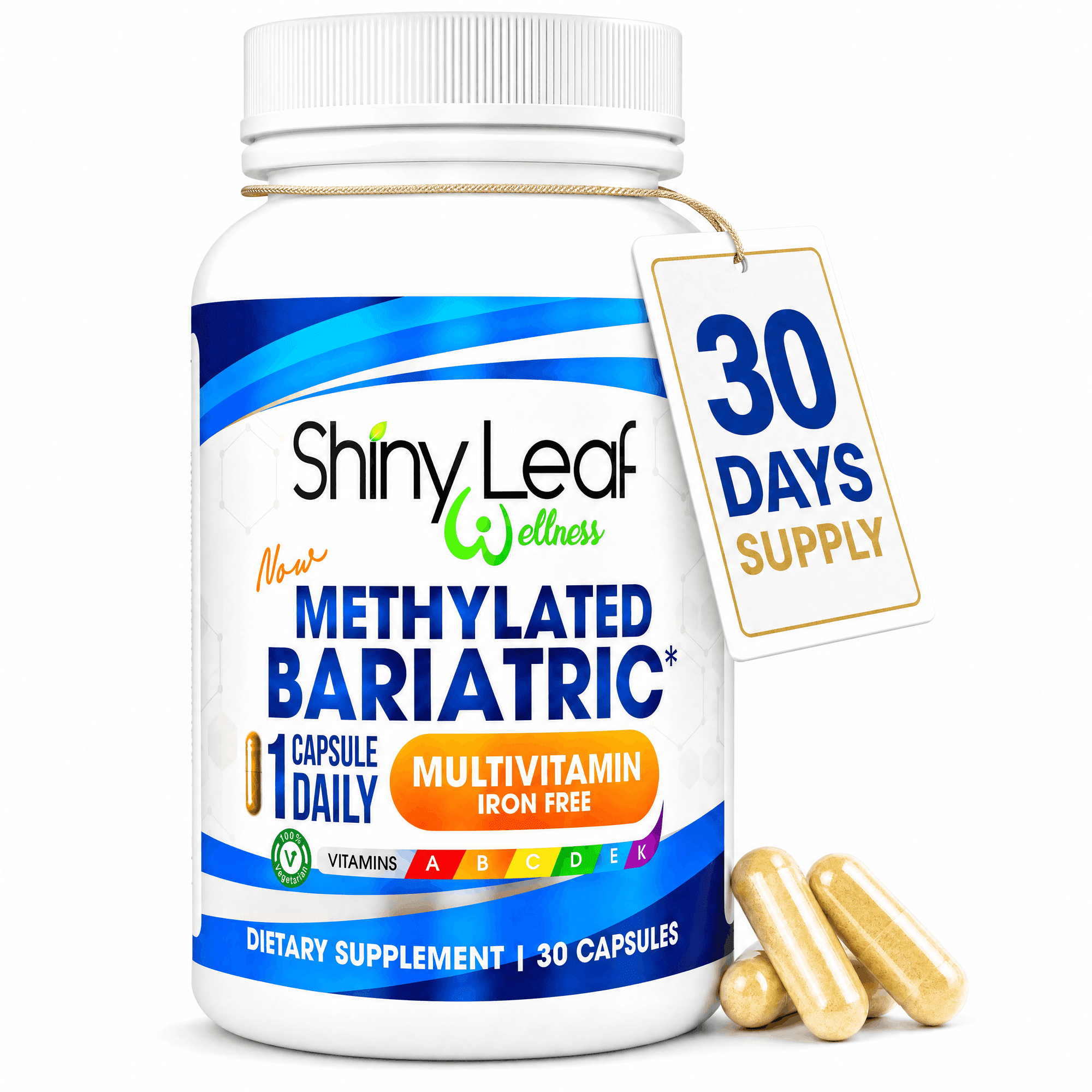Shiny Leaf Methylated Bariatric Multivitamin Without Iron – 1 Daily Capsule with Methylated Folate & B12, Vitamins A, C, D, Biotin, Zinc, K – For Gastric Bypass & Sleeve – Vegetarian, Soy-Free, 30ct
