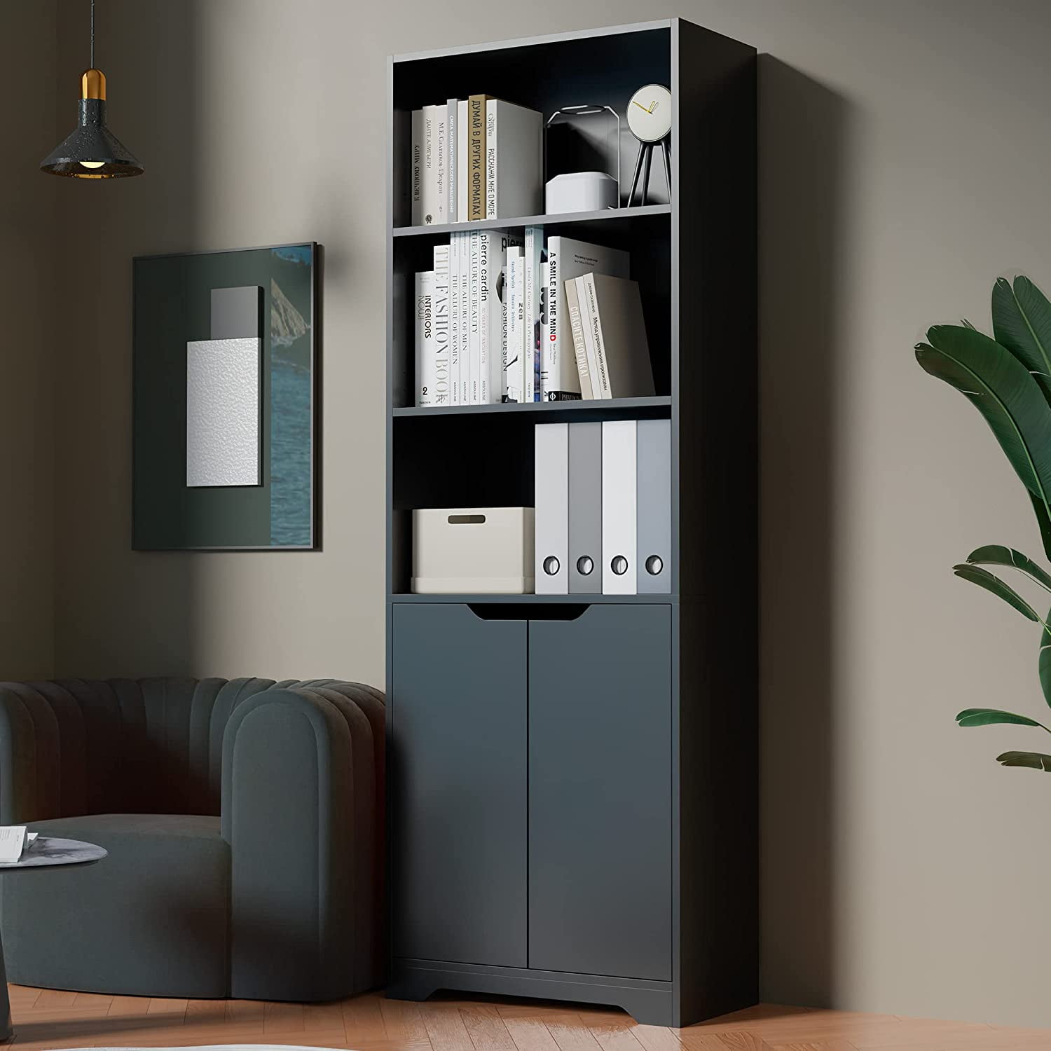 General Black Bookcase with Doors 3 Shelf Bookcase with Adjustable