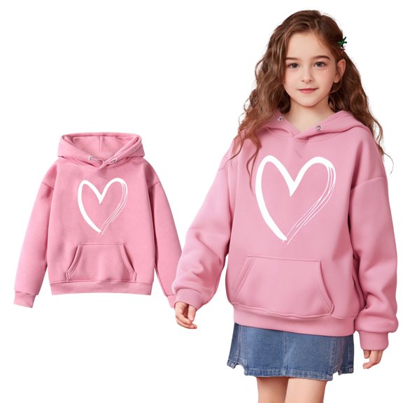 Girls Hoodies Heart Print Hooded Casual Long Sleeve Hoodie Sweatershirt Pullover Fall Clothes Girls Clothes Size 8-9 Years Boys Girls Fashion