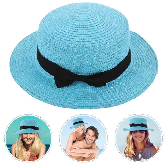 KAKOWELY 1Pcs Bowler Beach Cap Straw Bucket Hat for Women Sky-Blue Fashion Style Sun Protection