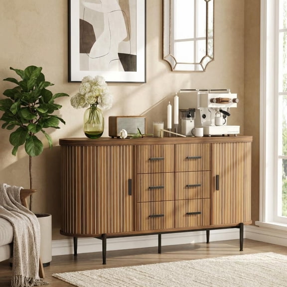 6-Drawer 2-Sliding Door Fluted Wooden Sideboard Buffet Cabinet