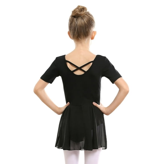 Stelle Ballet Leotard Short Sleeve Criss-Cross Back Dress with Chiffon Skirt, Ballerina Outfit for Girls,Black,4T