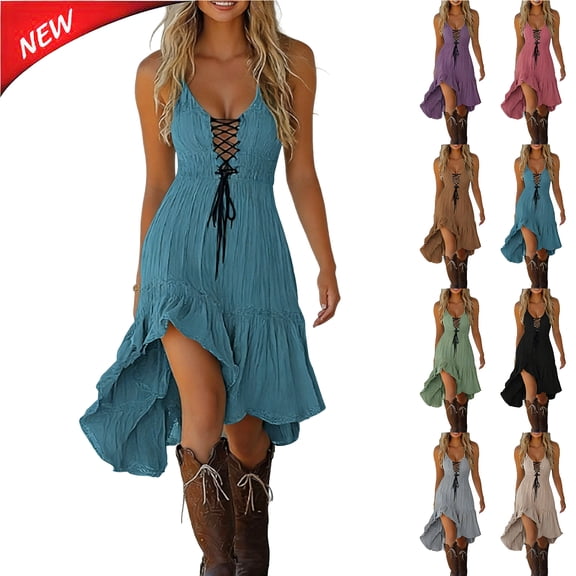 Tqyyweavej Vintage Western Dress for Women Linen Irregular Hem Deep V Neck Summer Dress Lace Sleeveless Dresses with Front Tie