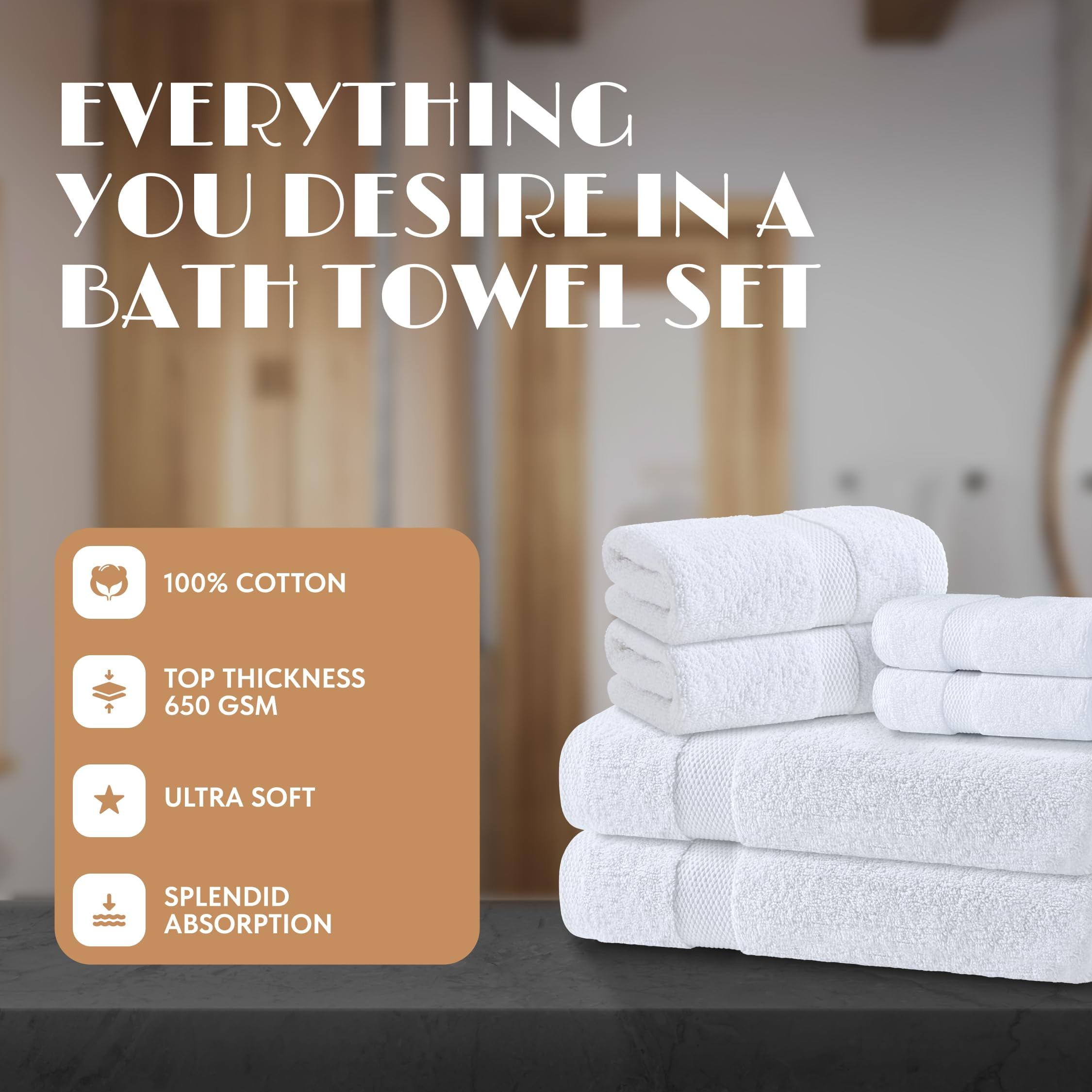 White Classic White Bath Towel Set of 6 - 100% Cotton Highly Absorbent Towels for Bathroom, 2 Luxury Bath Towels 650GSM, 2 Hand Towels, 2 Washcloths