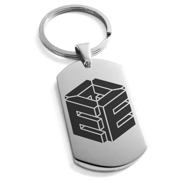 Tioneer Stainless Steel Letter E Initial 3D Cube Box Monogram Engraved Dog Tag Keychain Keyring