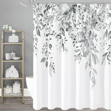 Grey Shower Curtain, Watercolor Plant Leaves with Floral Bathroom Shower Curtain Set with Hooks, Gray White, 72x72