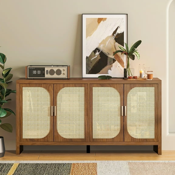 Lisicues Rattan Sideboard Buffet Cabinet Kitchen Storage Cabinet, with Adjustable Shelves, for Kitchen Living Room, Walnut
