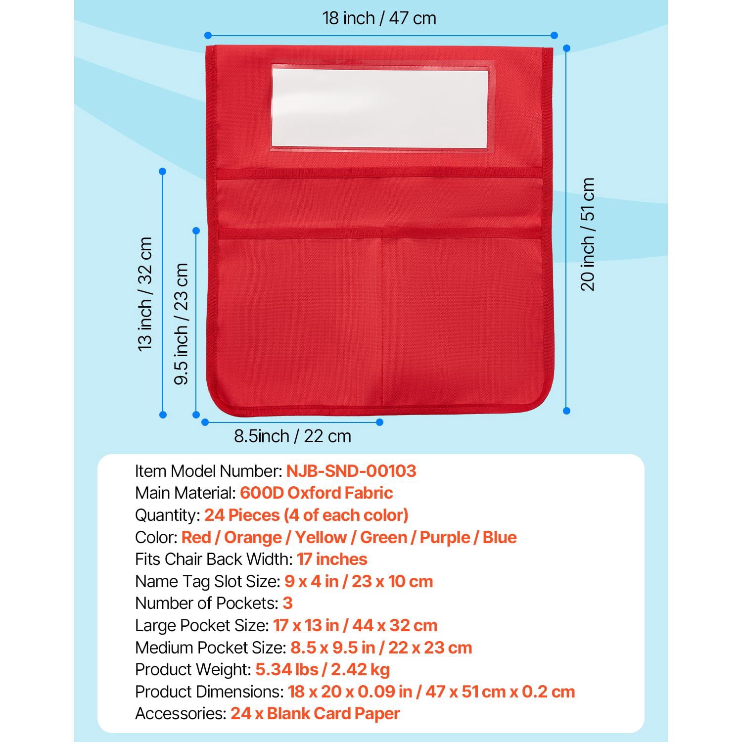 Chairback Pocket 24-Piece Colorful 18x20 Inch 600D Oxford for Grade 6-12 Classroom Organization