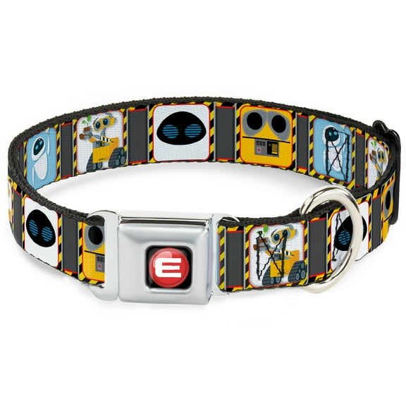 Disney Pet Collar, Dog Collar Metal Seatbelt Buckle, Wall E Eve Pose Face Hazard Blocks Gray Yellow Black, 15 to 24 Inches 1.0 Inch Wide