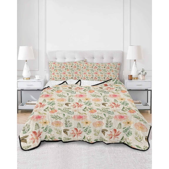Quilts Twin XL Size, Floral Leaves, Soft Comforter Bedding Set for Bed, Country Farmhouse Plant Blossom Herb Lightweight Quilted Bedspread with Pillow Cover(2 Pieces) for All Season, 68x98 Inch