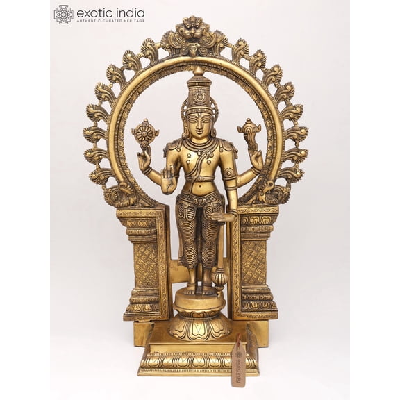 21 Inch Chaturbhuja Standing Vishnu with Kirtimukha Ring Brass - Lord Handmade Statue