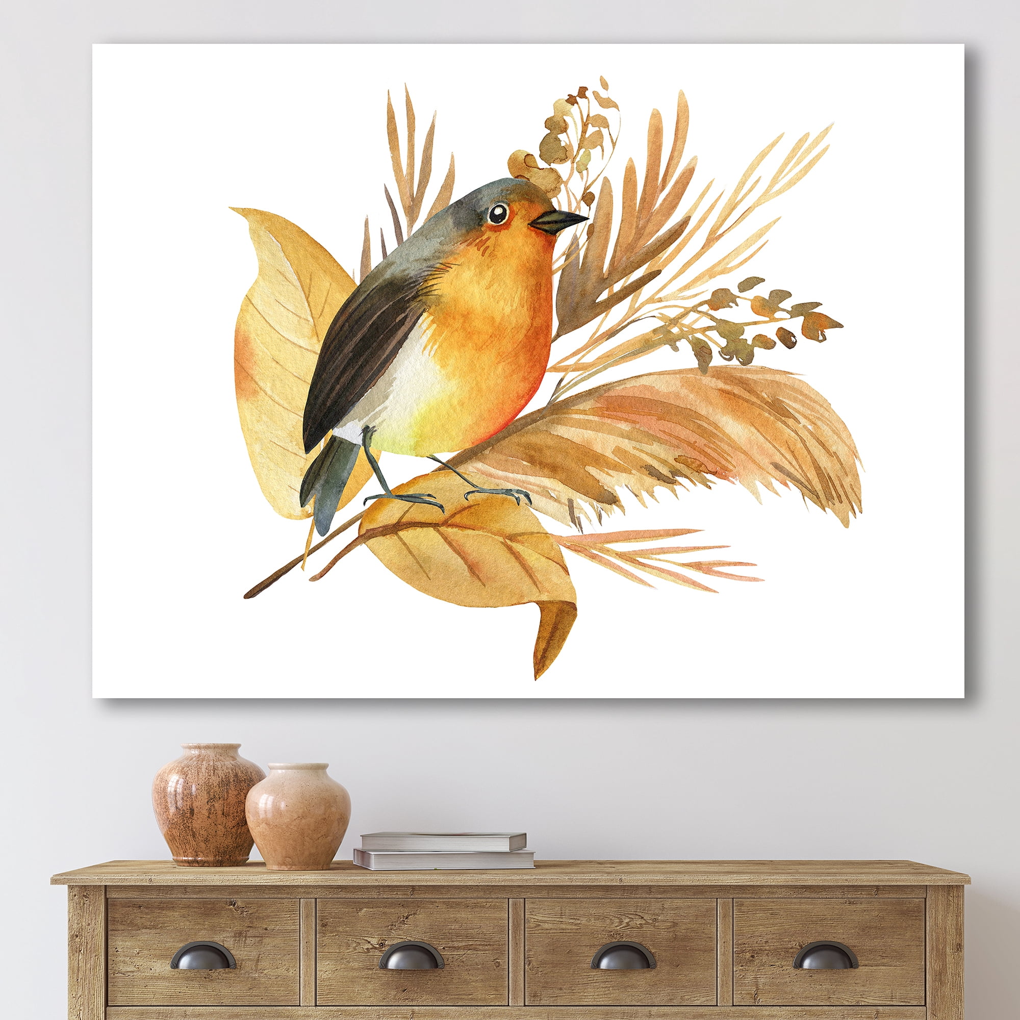 Designart ' Autumn Flowers and Robin Bird ' Traditional Canvas Wall Art Print