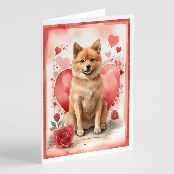 Finnish Spitz Valentine Roses Greeting Cards Pack of 8 7 in x 5 in