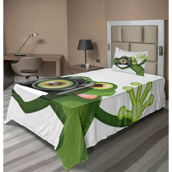 Ambesonne Frog Fitted & Top Sheet Set with Sham, Funny Animal with Camera, White Black